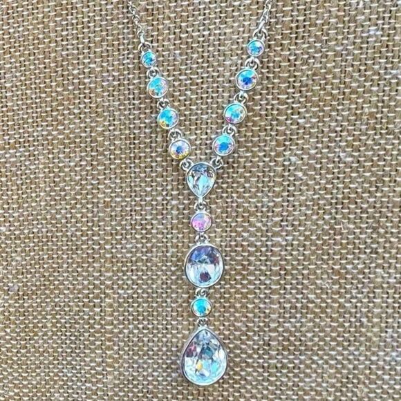 Givenchy Silver Necklace w/ Iridescent Round and Teardrop Crystals. EUC! - Picture 1 of 4